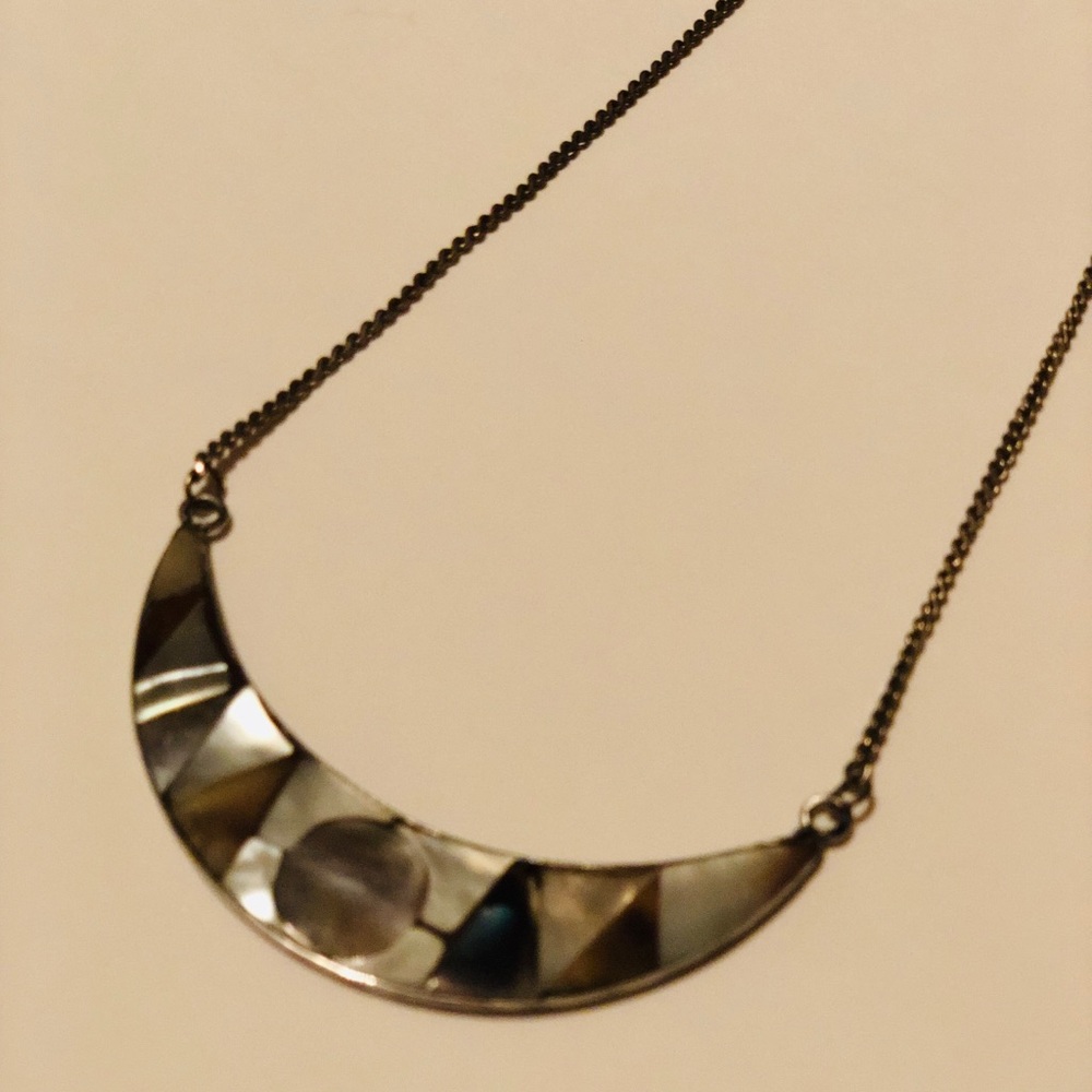 Abalones Crescent Moon Silver Tone Chain Necklace